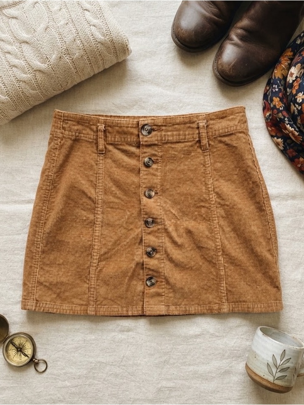 American Eagle Outfitters Button-Front Corduroy Mini Skirt in Camel Brown